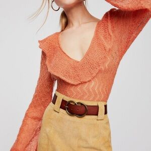 Free People Macaroon Ruffled Neck Mohair Wool Sweater Burnt Orange Ruffle XS NWT